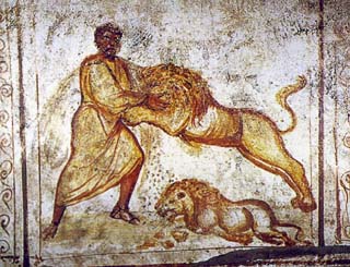 Самсон и Лев. Настенная живопись, 350-400 г. Катакомбы, Рим