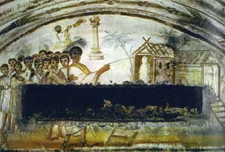 Воскрешение Лазаря. Настенная живопись, 350-400 г. Катакомбы, Рим