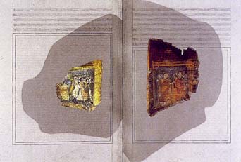 Хлопковое Бытие, конец 5-го - начало 6-го века. Реконструкция, чтобы показать сжатие двух страниц как результат ущерба от пожара