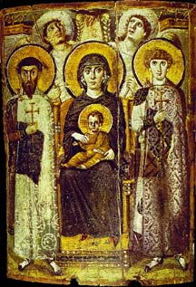 Богородица с младенцем, 6-ой век. Окрашенная деревянная панель. Монастырь Св.Катерины, Синай.