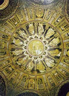 Крещение, апостолы, алтарь, 458 г. Мозаика купола. Ортодоксальный Баптистерий, Равенна