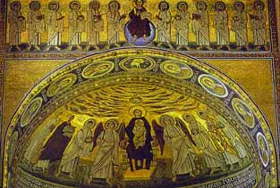 Bassilica Eufrasiana, Porec. Богоматерь с младенцем, со святыми и ангелами, 543-53. Фрагмент мозаики