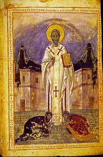 Св.Николай с Аббатом Макаром и Константином, фолиант, Библия Лео, 930-40 г