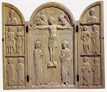 Crusifixion и святые, Триптих Borradaile, 10-й век. Слоновая кость