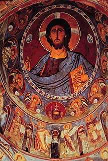 Спаситель, ангелы и святые, 1192. Живопись на стенах и куполе. Церковь Theotokos, Laoudera, Кипр