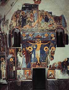 Студеница, Сербия. Интерьер, западная стена. Распятие на кресте, 1209. Настенная живопись